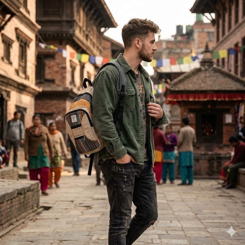 Himalayan Hemp Backpack Unisex Small Tan Multi Boho Eco Friendly Woven Nepal